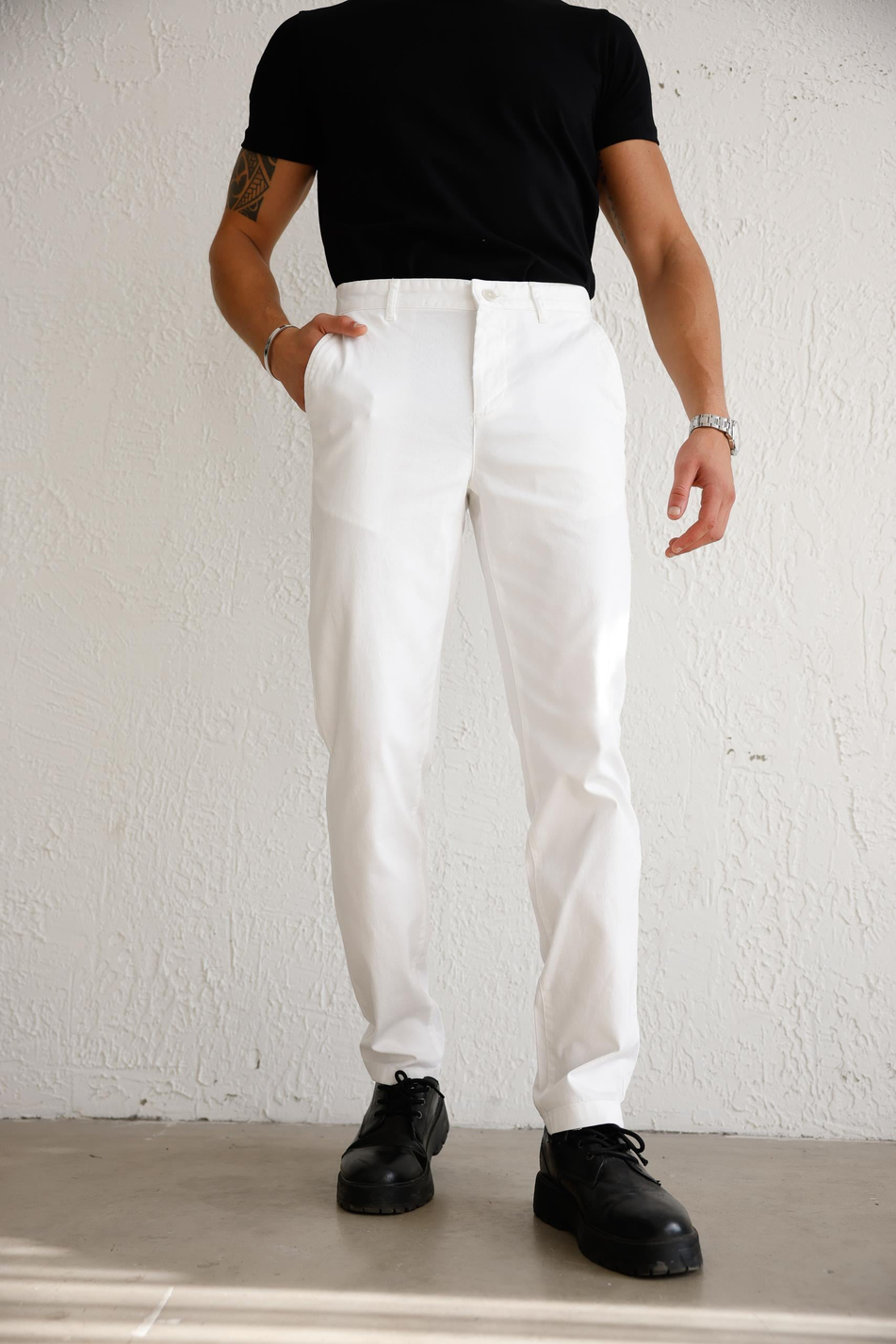 Erkek Armürlü Slim Fit Beyaz Pantolon