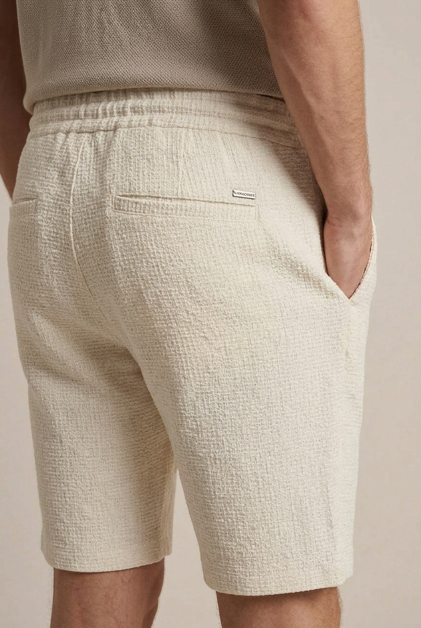 Erkek Bej Pamuklu Gofre Dokulu Relaxed Fit Kalıp Beli Lastikli Bağcıklı Şort