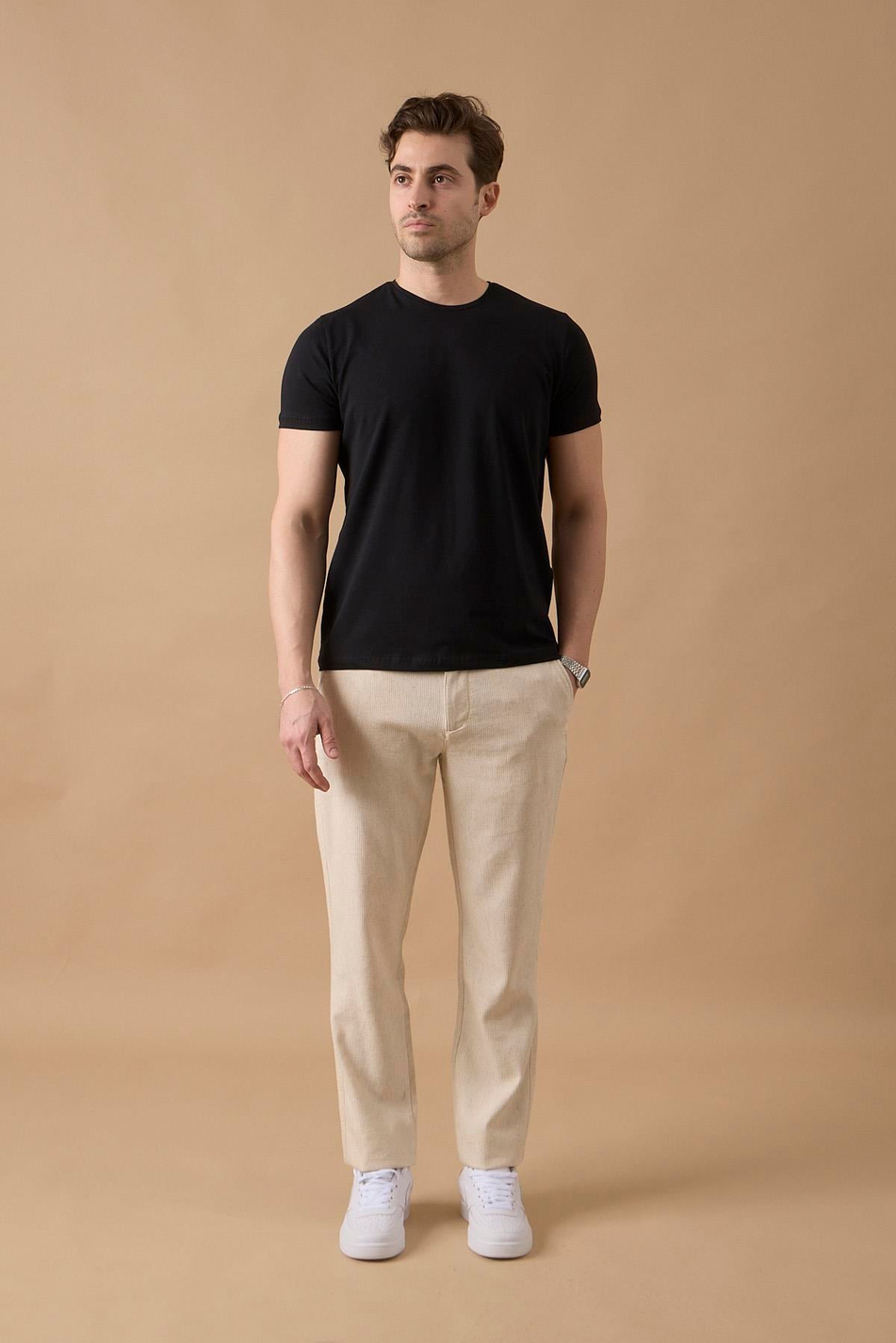 Erkek Bej Slim Fit Keten Karışımlı Çizgili Pantolon