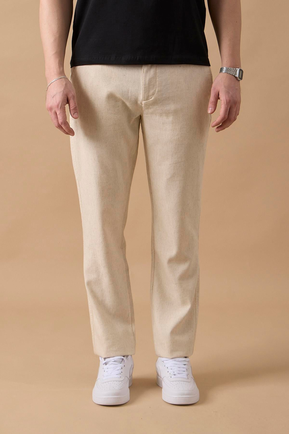 Erkek Bej Slim Fit Keten Karışımlı Çizgili Pantolon
