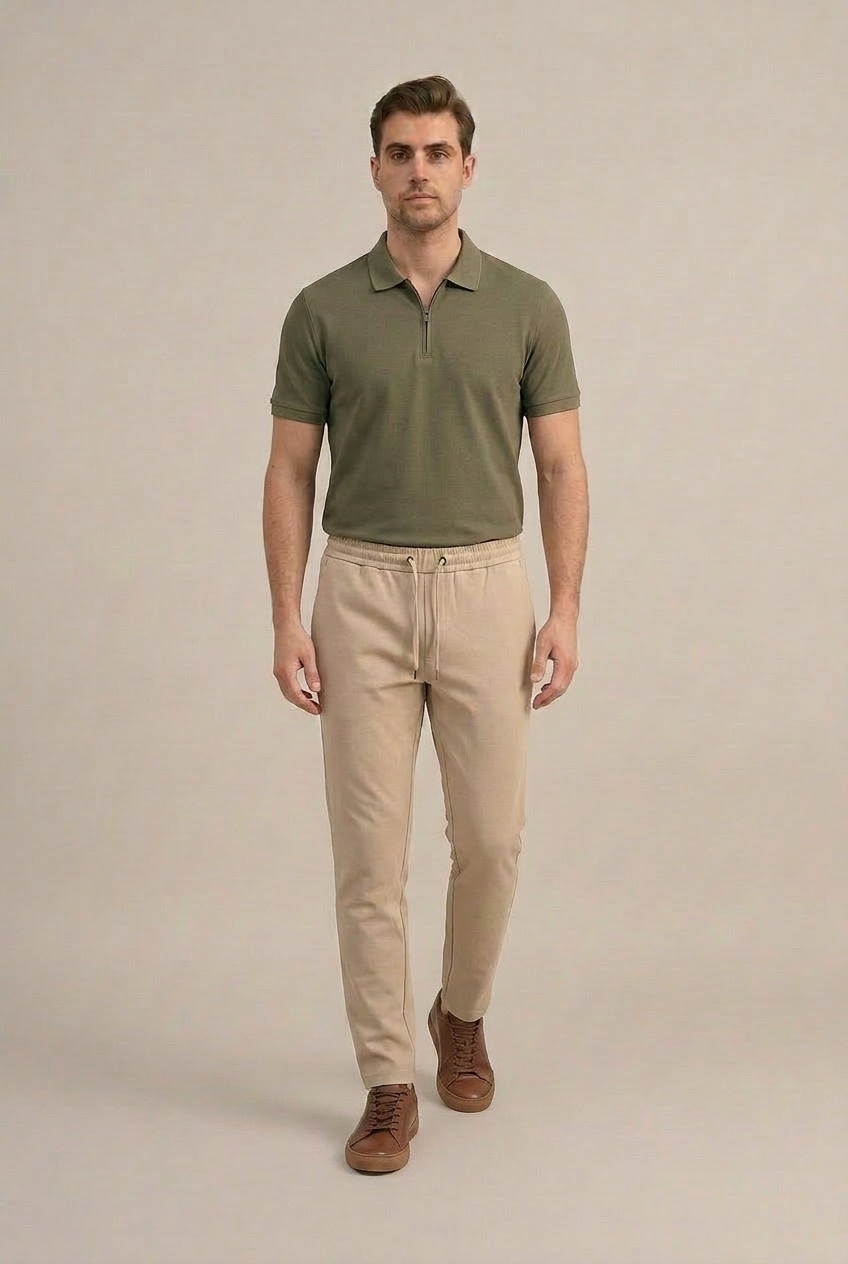 Erkek Bej Slim Fit Lastikli Bel Bağcıklı  Jogger Pantolon