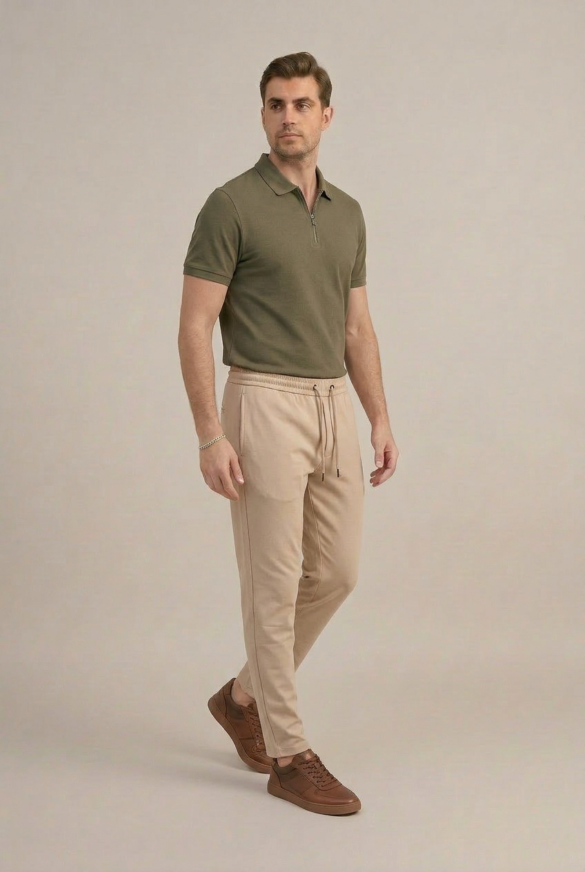 Erkek Bej Slim Fit Lastikli Bel Bağcıklı  Jogger Pantolon