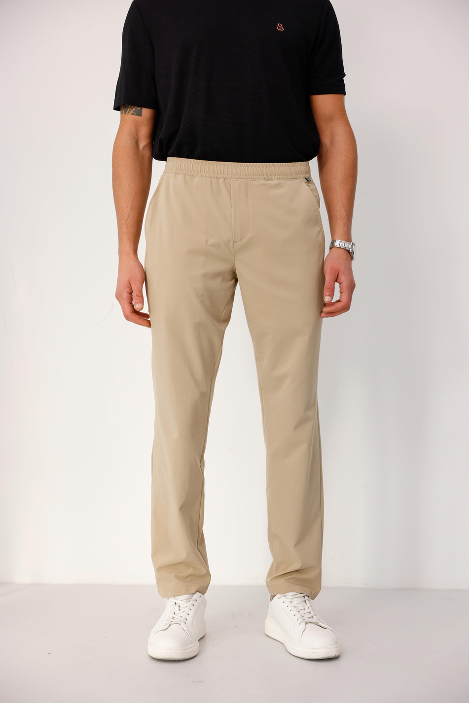 Erkek Bej Slim Fit Lastikli Bel Esnek Kumaş Dar Kesim Jogger Pantolon