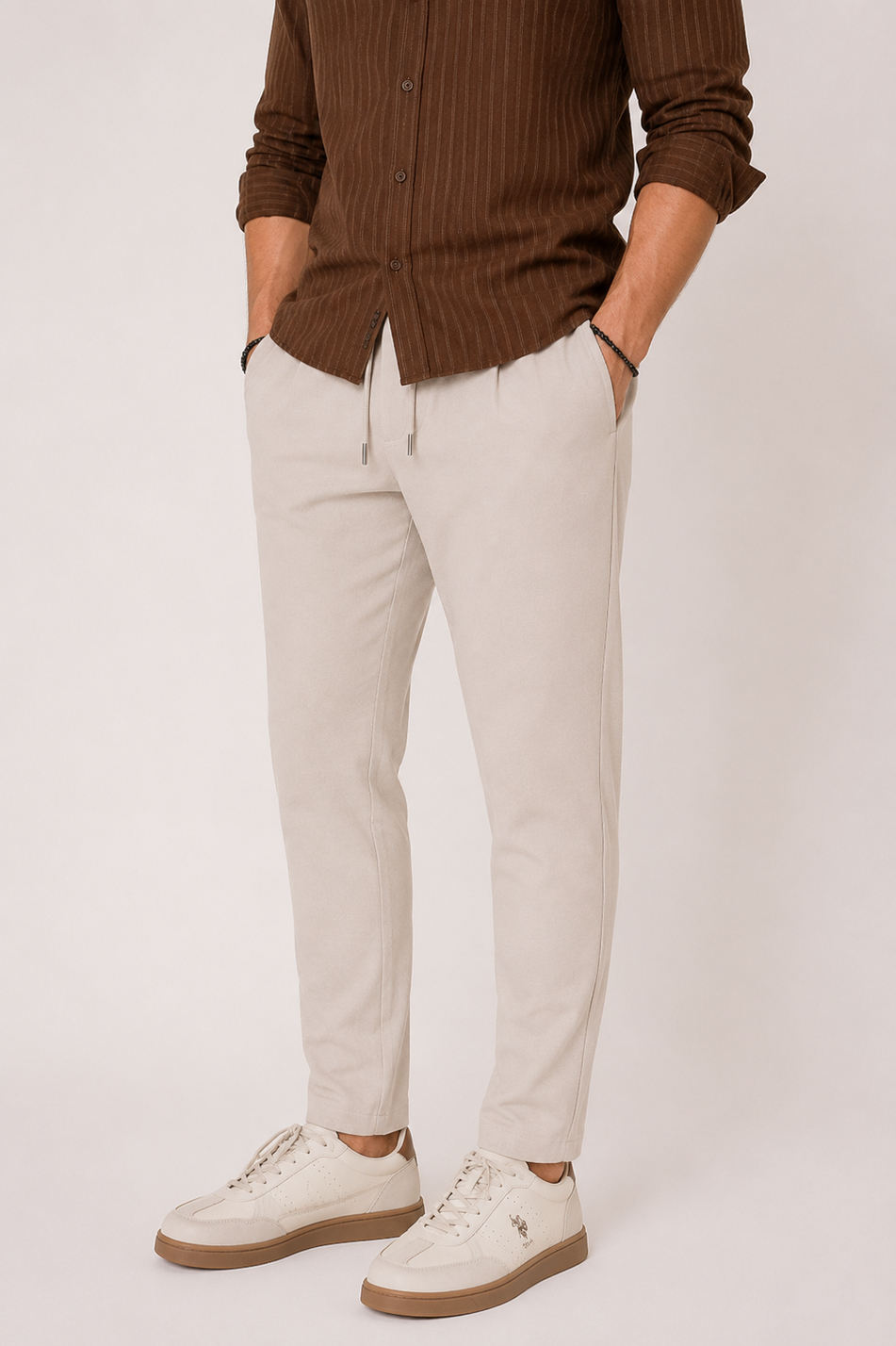 Erkek Beli Bağcıklı Yandan Cepli Slim Fit Jogger Bej Pantolon
