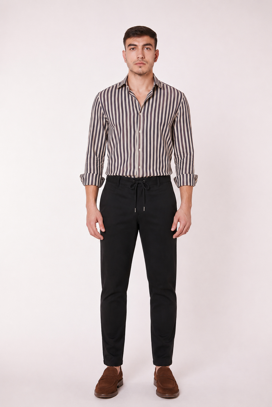 Erkek Beli Bağcıklı Yandan Cepli Slim Fit Jogger Siyah Pantolon