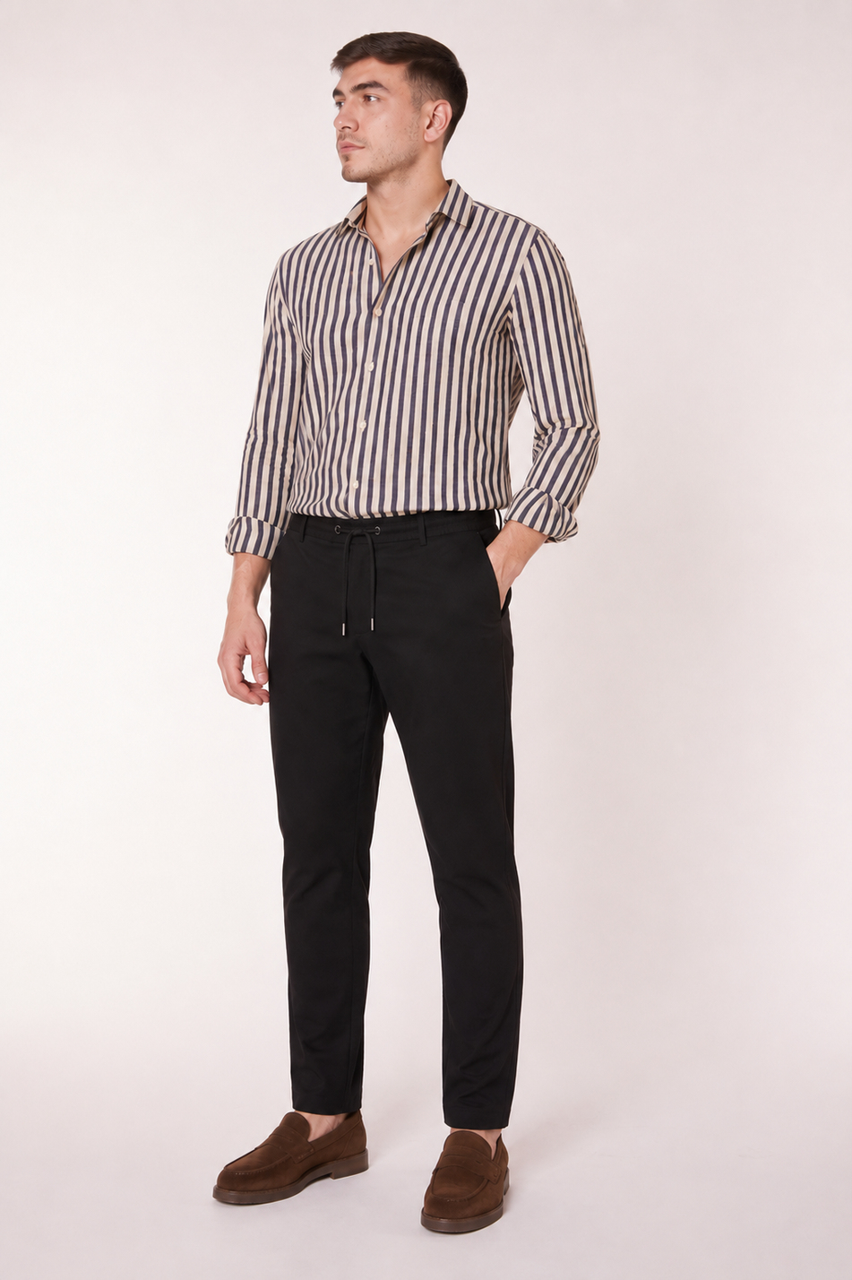 Erkek Beli Bağcıklı Yandan Cepli Slim Fit Jogger Siyah Pantolon