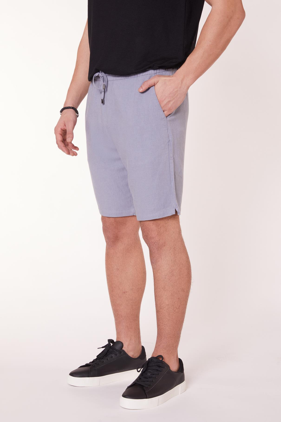 Erkek Beli Lastikli Bağcıklı Keten Karışımlı Slim Fit Jogger Şort Mavi