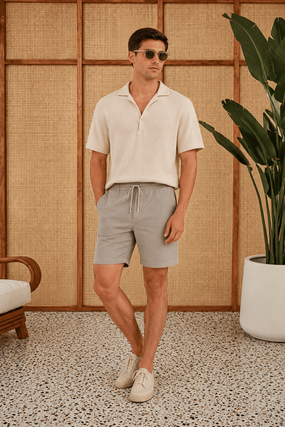  Men Elastic Waist Drawstring Linen Blend Slim Fit Jogger Shorts  Green