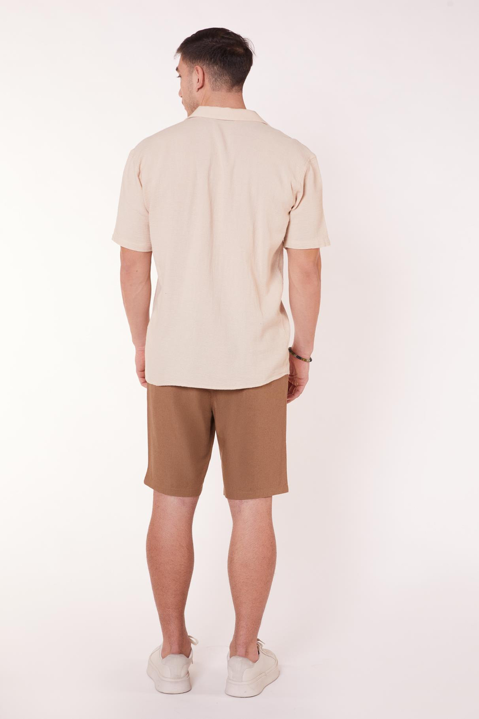 Erkek Beli Lastikli Bağcıklı Pamuk Keten Karışımlı Slim Fit Jogger Şort Vizon
