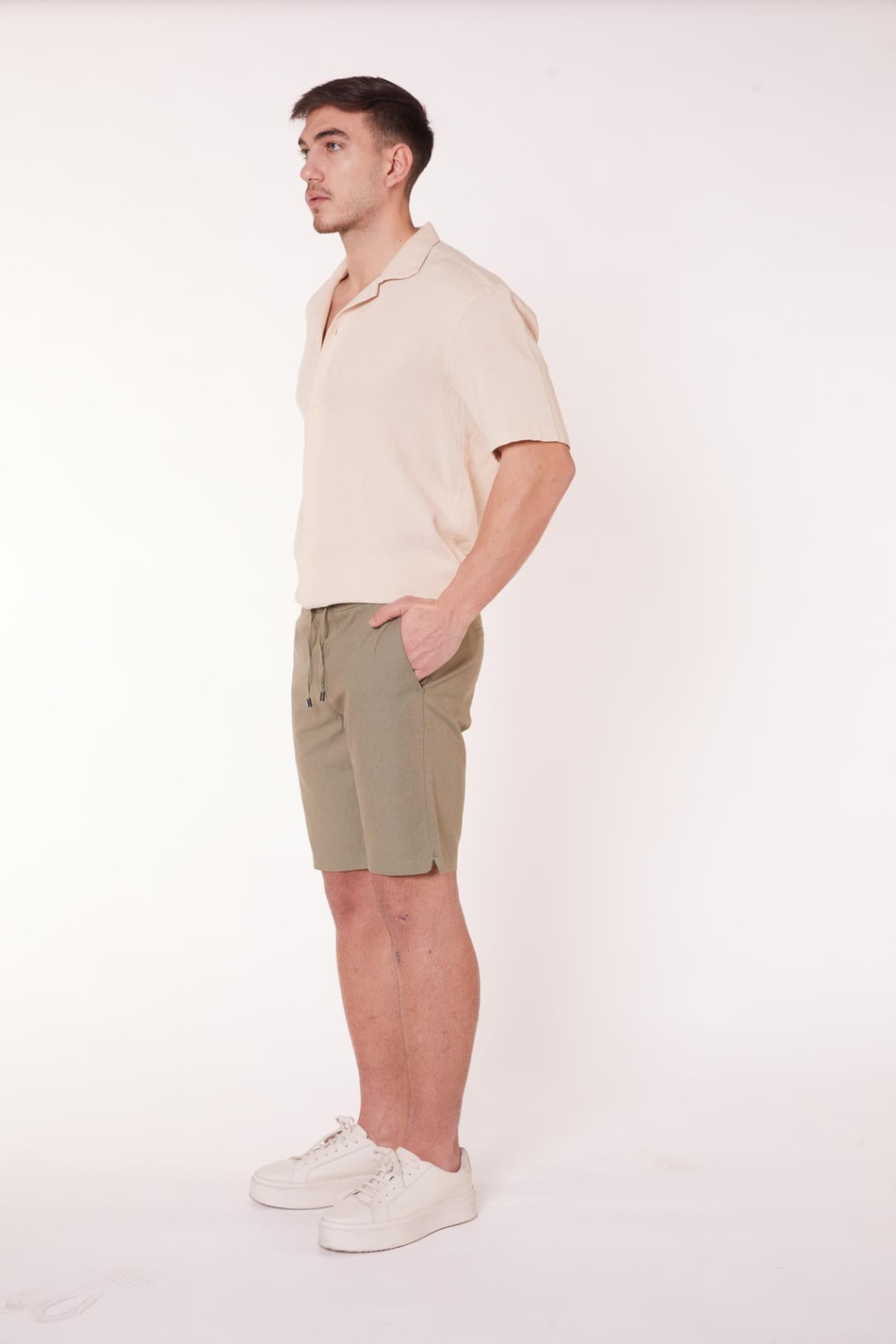  Men Elastic Waist Drawstring CottonLinen Blend Slim Fit Jogger Shorts  Khaki