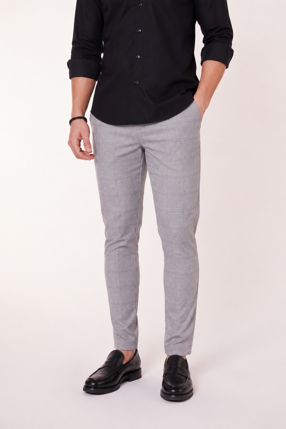 Erkek Beli Lastikli Slim Fit Ekoseli Gri Pantolon