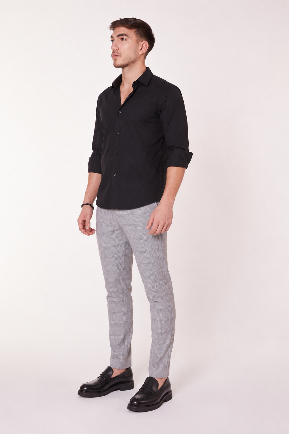 Erkek Beli Lastikli Slim Fit Ekoseli Gri Pantolon