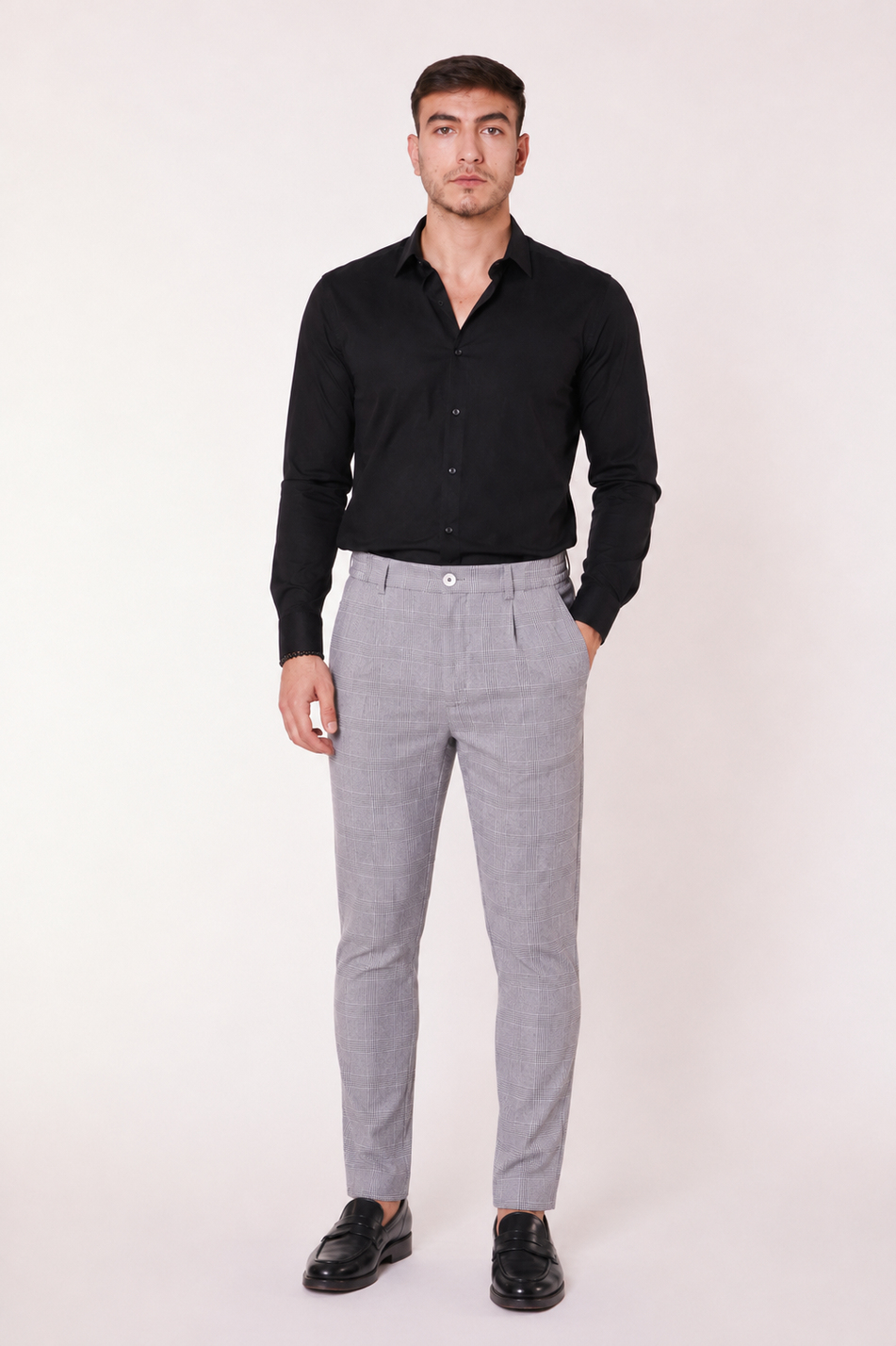 Erkek Beli Lastikli Slim Fit Ekoseli Gri Pantolon