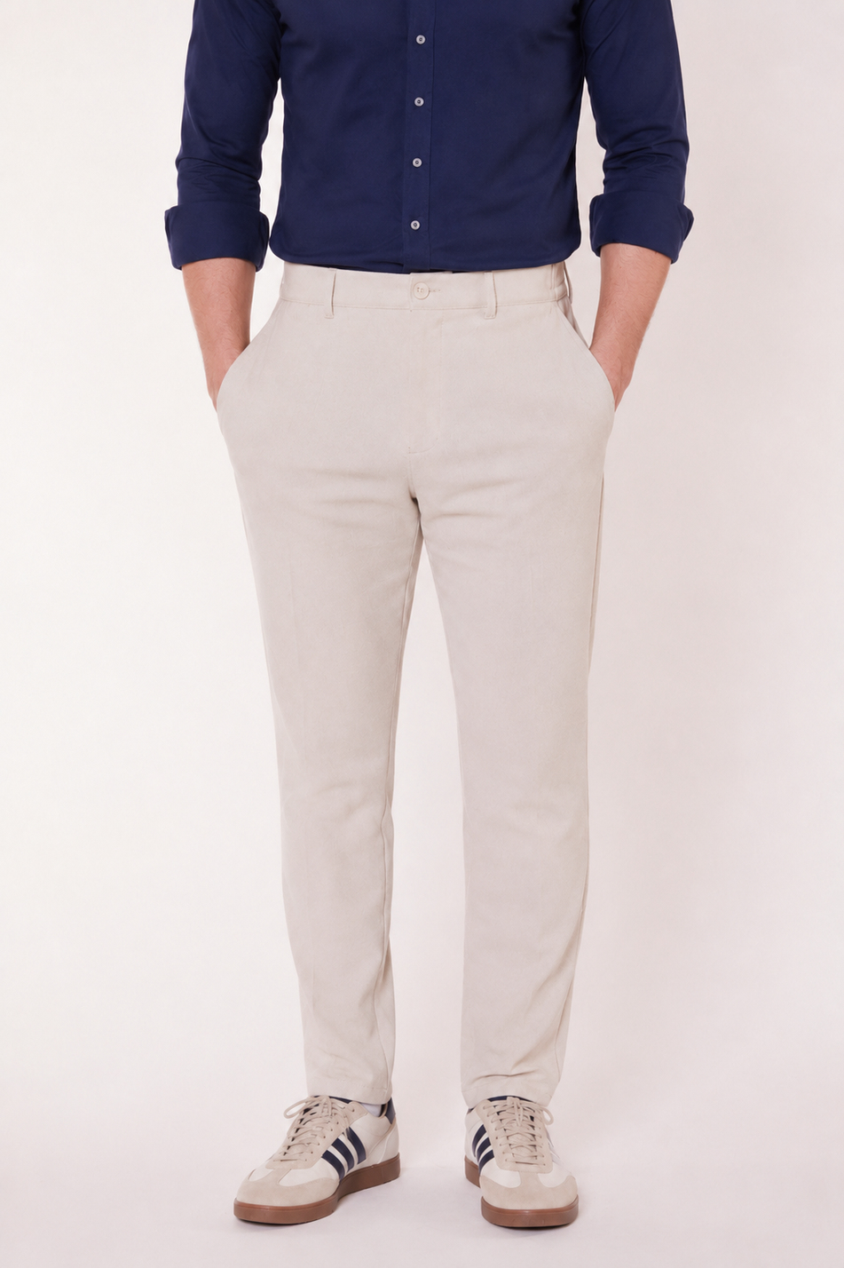 Erkek Beli Yarım Lastikli Fermuarlı Bej Chino Pantolon