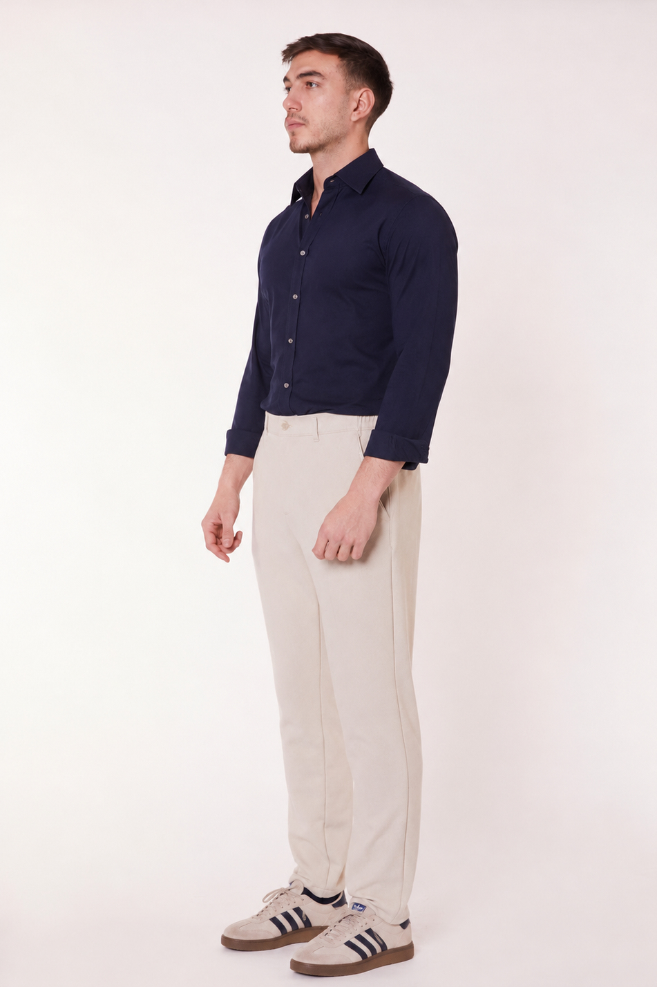 Erkek Beli Yarım Lastikli Fermuarlı Bej Chino Pantolon