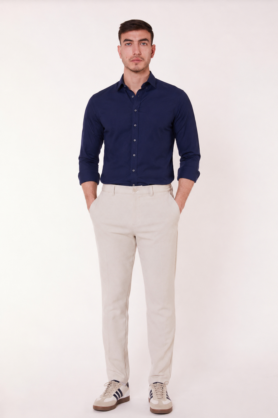 Erkek Beli Yarım Lastikli Fermuarlı Bej Chino Pantolon
