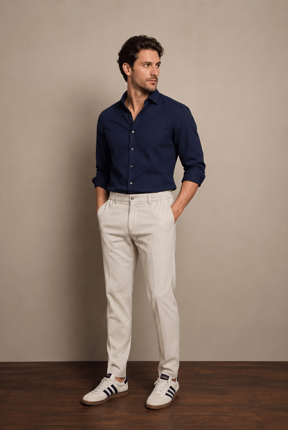 Erkek Beli Yarım Lastikli Fermuarlı Bej Chino Pantolon