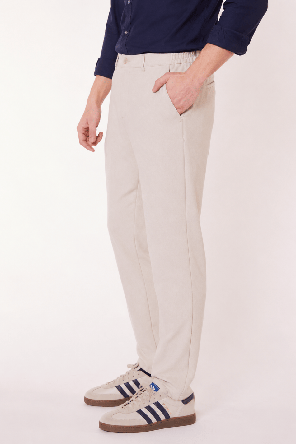 Erkek Beli Yarım Lastikli Fermuarlı Bej Chino Pantolon