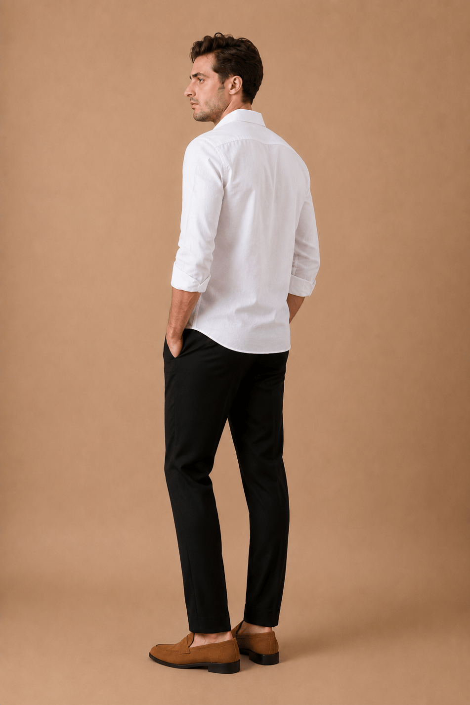 Erkek Beli Yarım Lastikli Fermuarlı Siyah Chino Pantolon