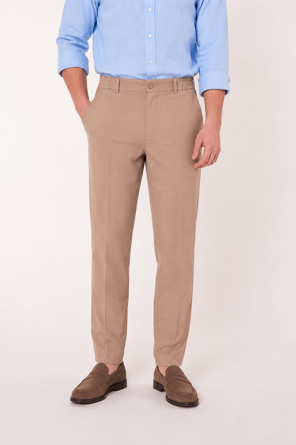 Erkek Beli Yarım Lastikli Fermuarlı Vizon Chino Pantolon