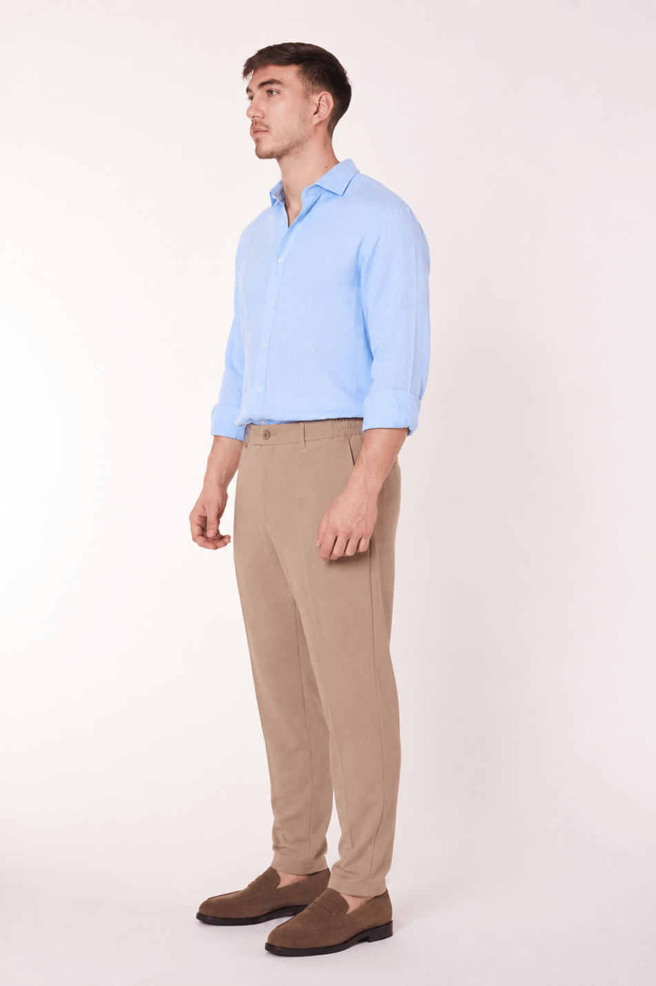 Erkek Beli Yarım Lastikli Fermuarlı Vizon Chino Pantolon
