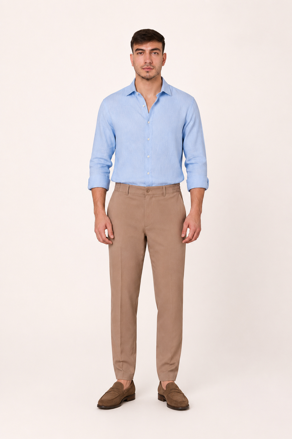 Erkek Beli Yarım Lastikli Fermuarlı Vizon Chino Pantolon