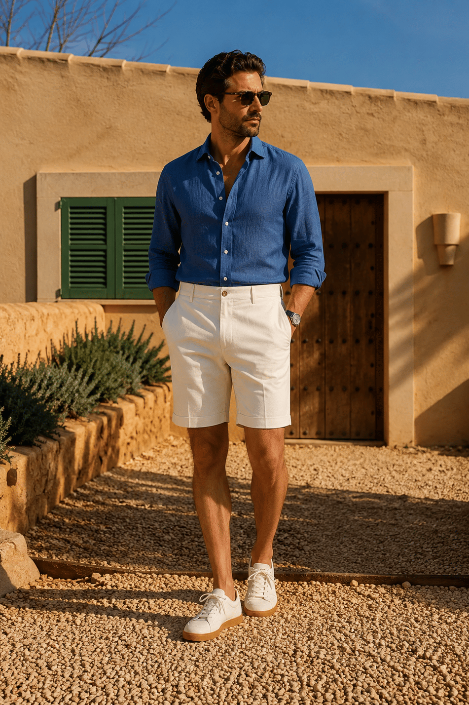 Erkek Beli Yarım Lastikli Keten Pamuk Karışımlı Slim Fit Şort Bej