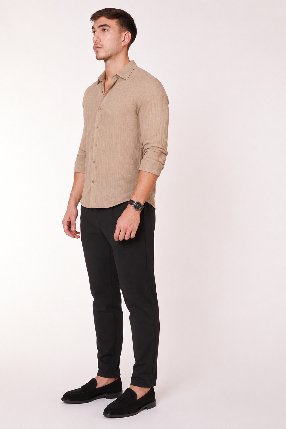 Erkek Beli Yarım Lastikli Pilili Gofre Slim Fit Pantolon Siyah