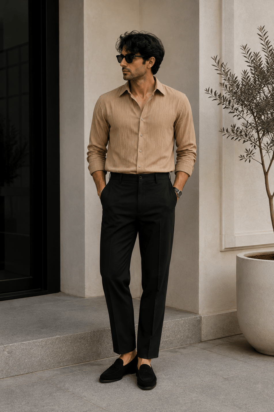 Erkek Beli Yarım Lastikli Pilili Gofre Slim Fit Pantolon Siyah