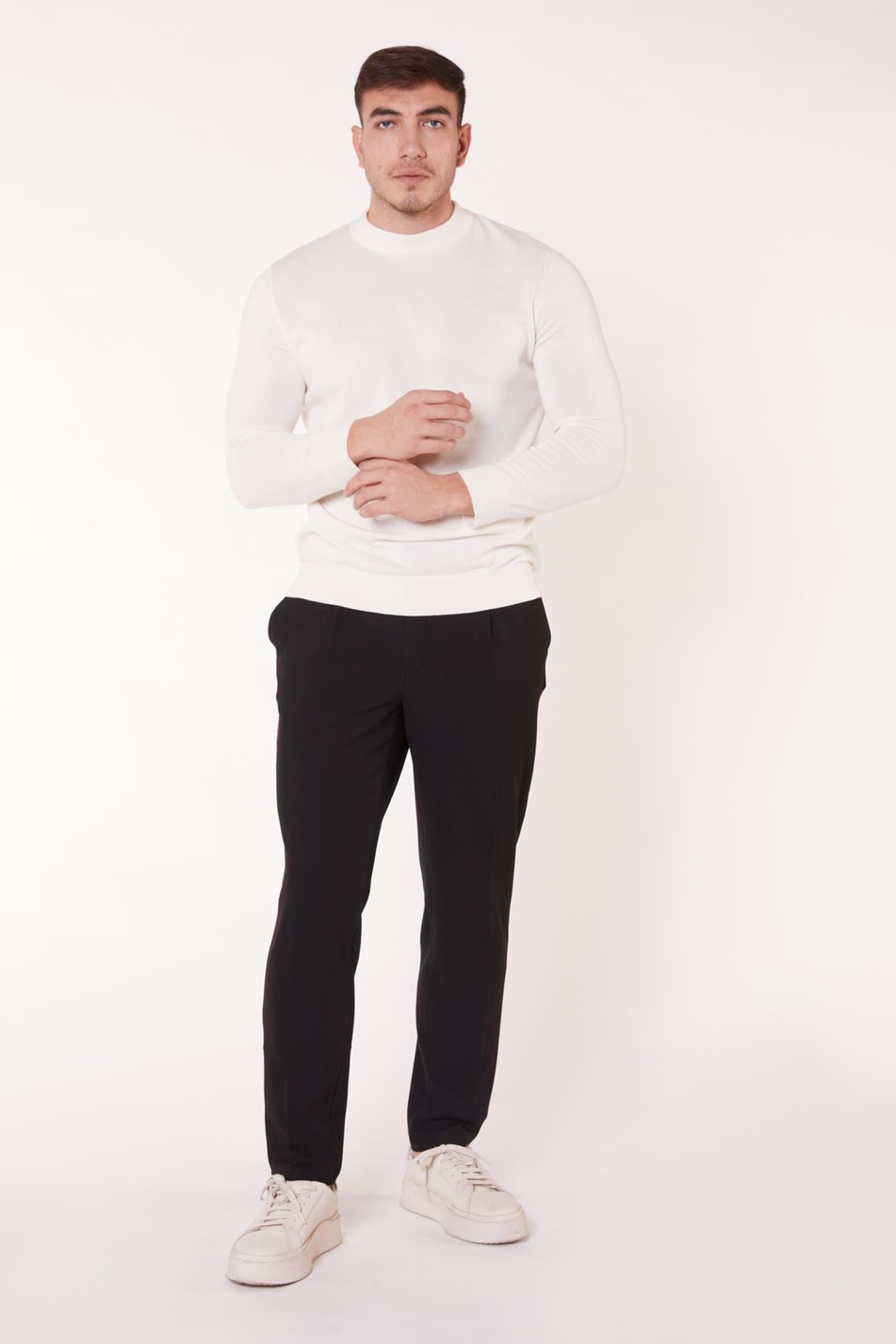  Men Half Elastic Waist Pleated Seersucker Slim Fit Pants  Black