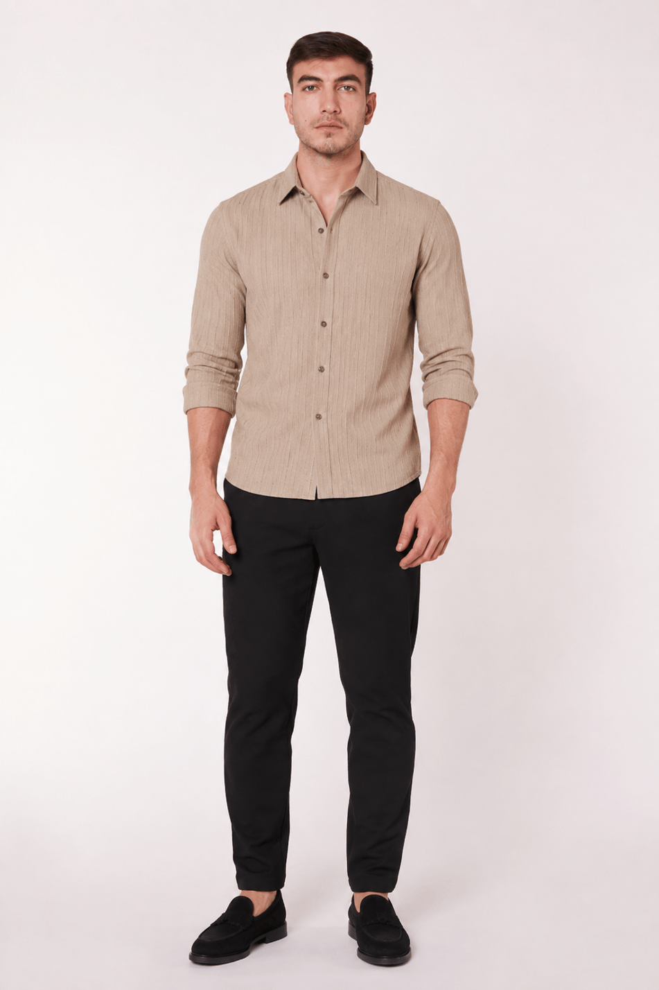 Erkek Beli Yarım Lastikli Pilili Gofre Slim Fit Pantolon Siyah