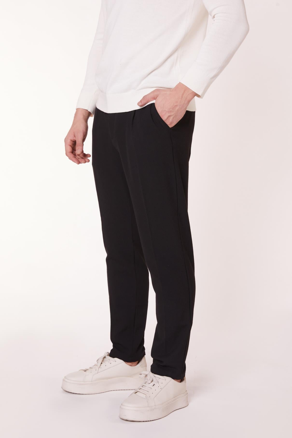  Men Half Elastic Waist Pleated Seersucker Slim Fit Pants  Black