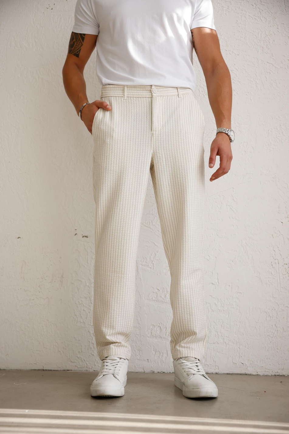 Erkek Esnek Dokulu Slim Fit Bej Pantolon