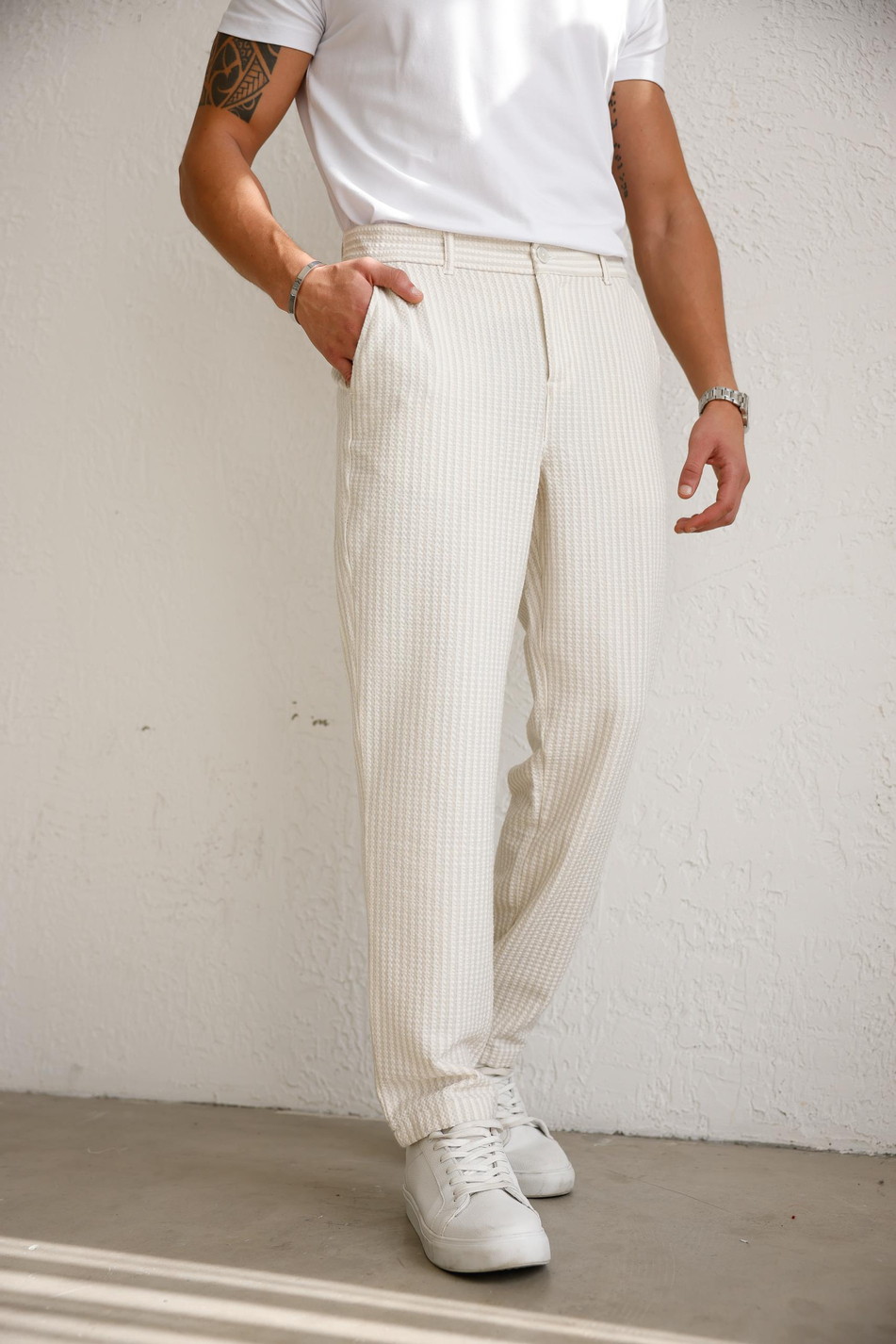 Erkek Esnek Dokulu Slim Fit Bej Pantolon