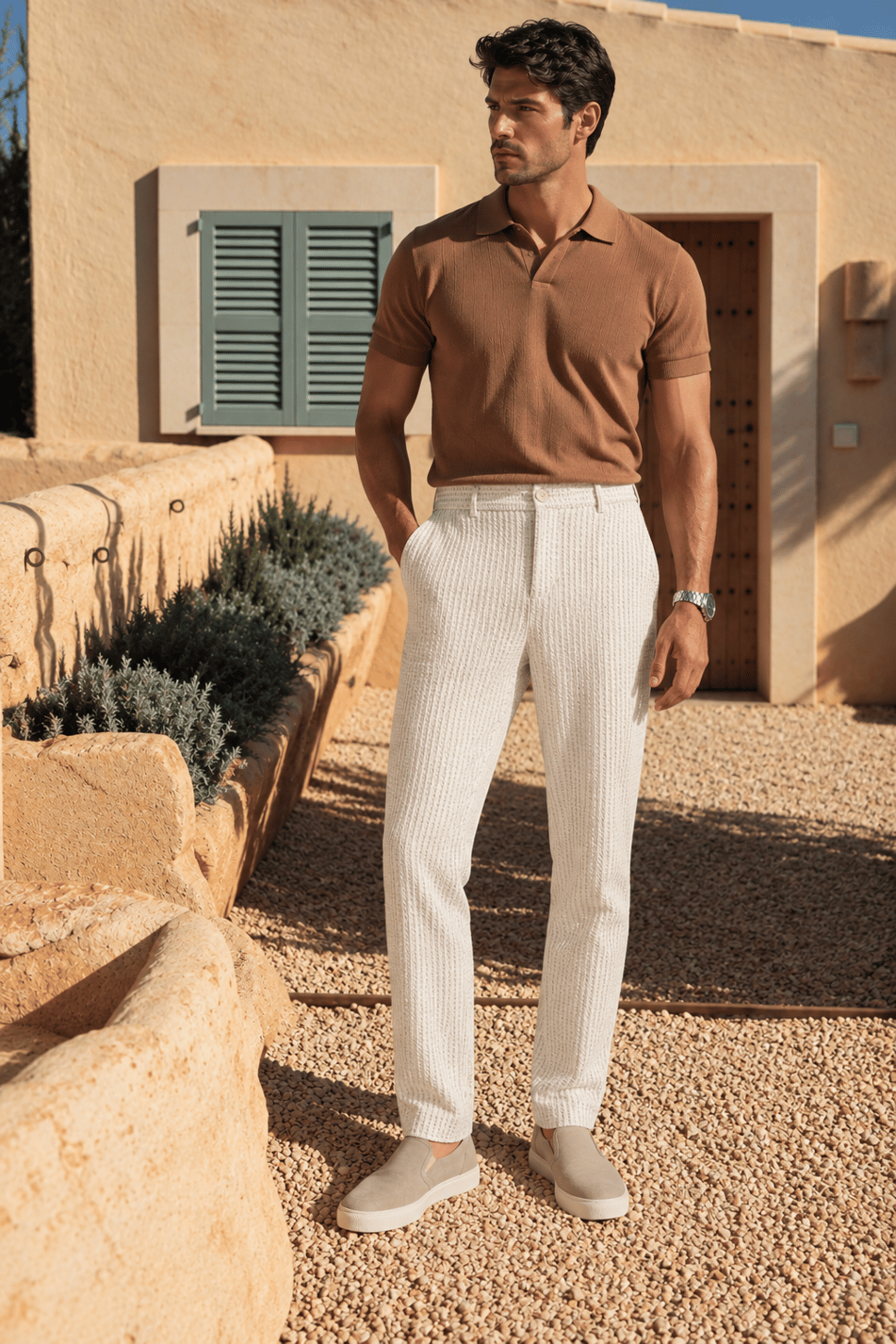 Erkek Esnek Dokulu Slim Fit Bej Pantolon