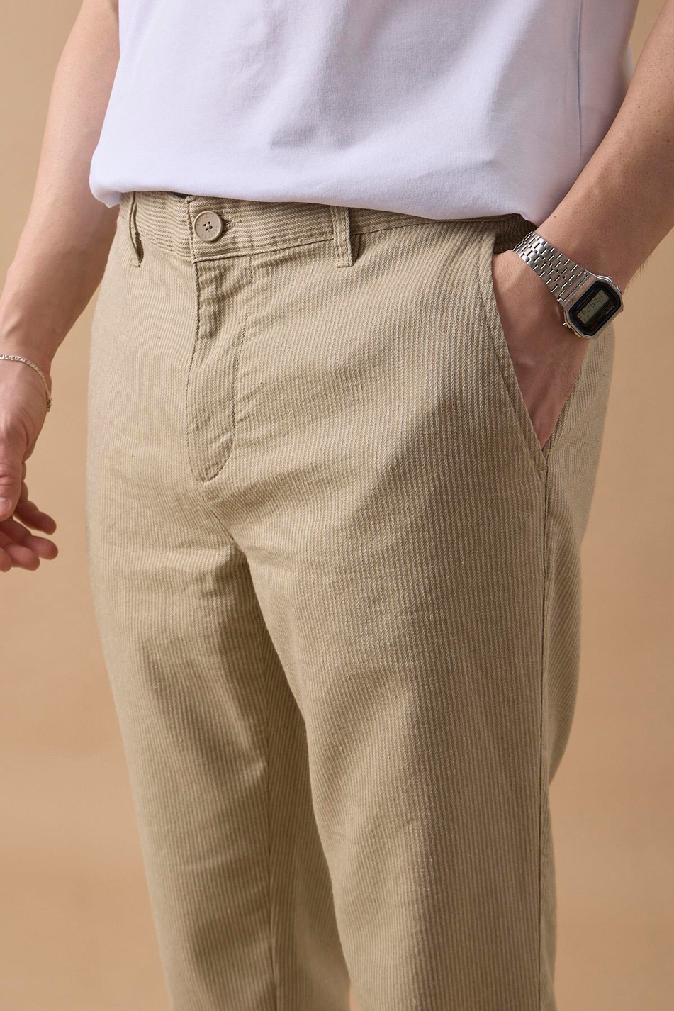 Erkek Haki Slim Fit Keten Karışımlı Çizgili Pantolon