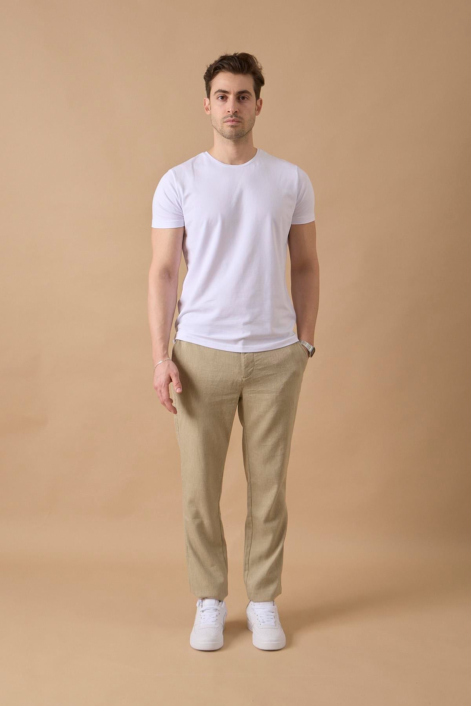 Erkek Haki Slim Fit Keten Karışımlı Çizgili Pantolon