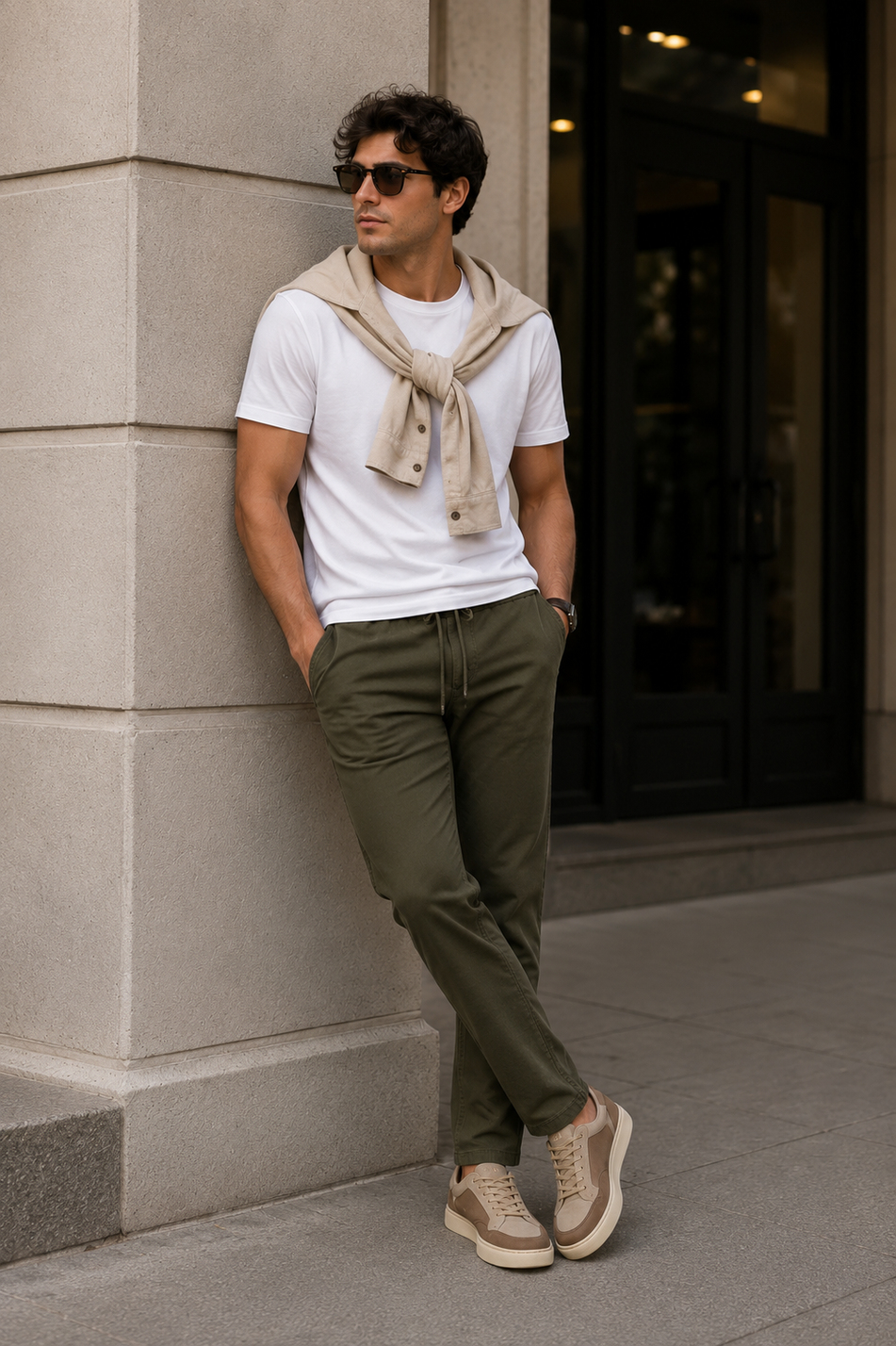 Erkek Haki Slim Fit Lastikli Bel Bağcıklı  Jogger Pantolon