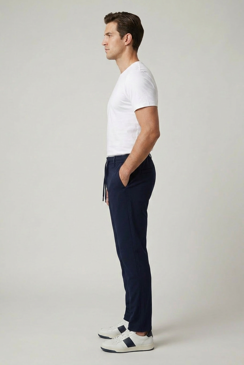 Erkek Lacivert Slim Fit Beli Yarım Lastikli Bağcıklı Yumuşak Tuşeli Jogger Pantolon