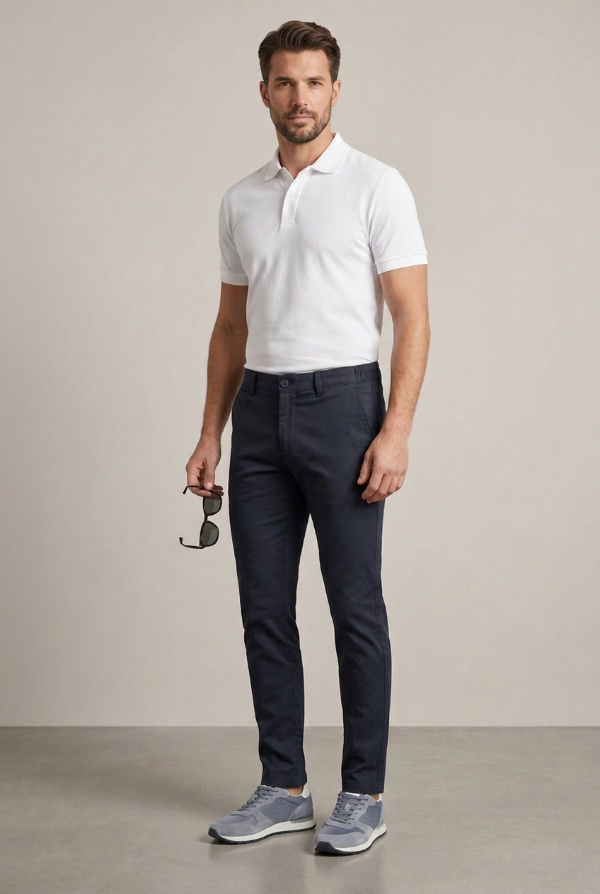 Erkek Lacivert Slim Fit Kalıp Yarım Lastikli Bel Smart Casual Pantolon