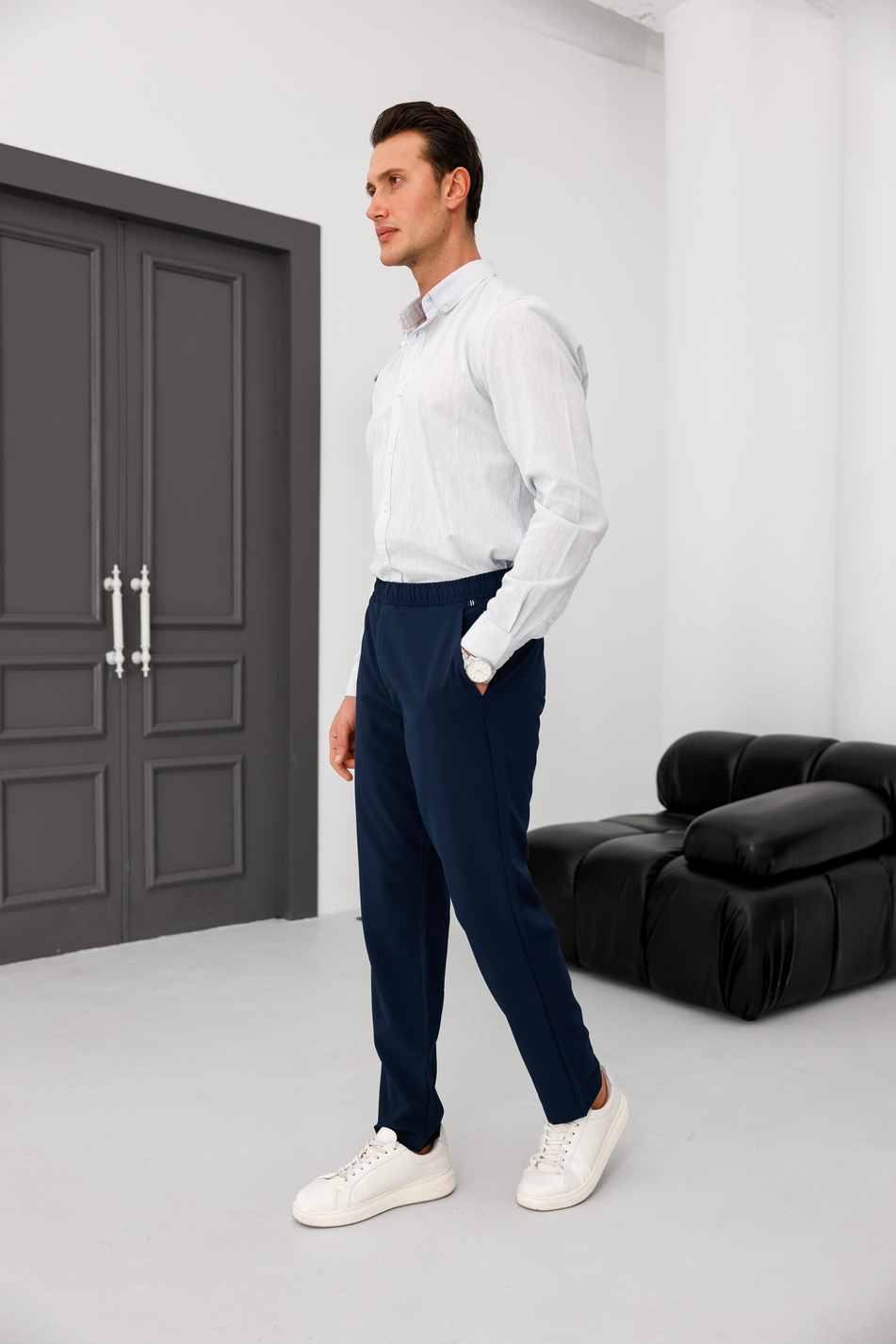 Erkek Lacivert Slim Fit Lastikli Bel Esnek Kumaş Dar Kesim Jogger Pantolon