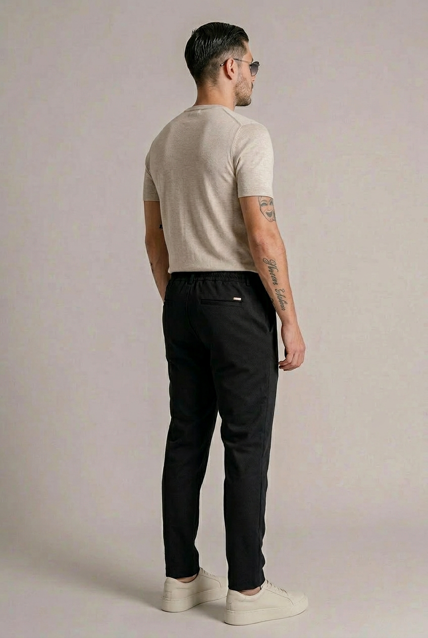Erkek Siyah Slim Fit Bağcıklı Beli Yarım Lastikli Pamuklu Pantolon