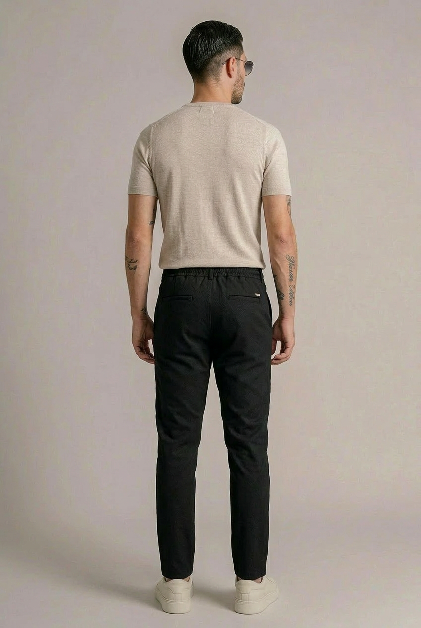Erkek Siyah Slim Fit Bağcıklı Beli Yarım Lastikli Pamuklu Pantolon