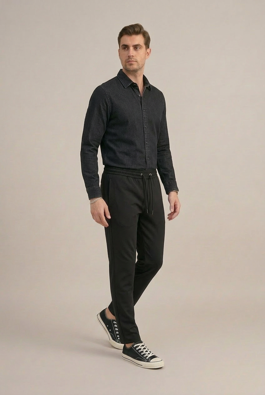 Erkek Siyah Slim Fit Lastikli Bel Bağcıklı Jogger Pantolon