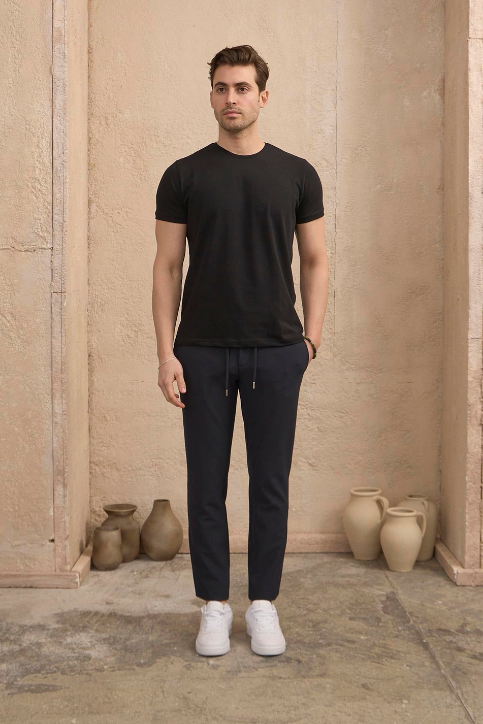 Erkek Slim Fit Beli Bağlamalı Dokulu Lacivert Pantolon