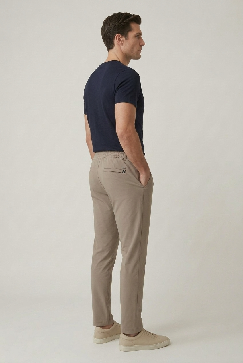 Erkek Vizon Slim Fit Beli Yarım Lastikli Bağcıklı Kırışmaz Kumaş Jogger Pantolon