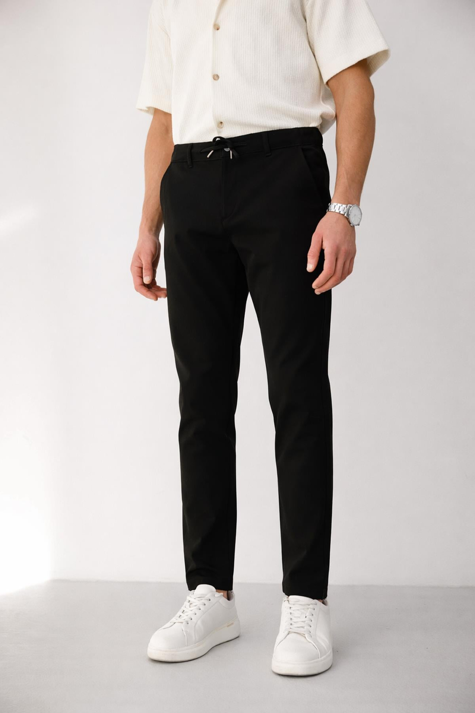 Erkek Yandan Cepli Bel Bağcıklı Fermuarlı Slim Fit Chino Siyah Pantolon