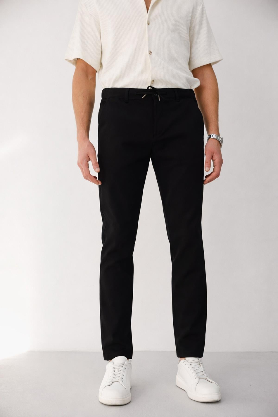 Erkek Yandan Cepli Bel Bağcıklı Fermuarlı Slim Fit Chino Siyah Pantolon