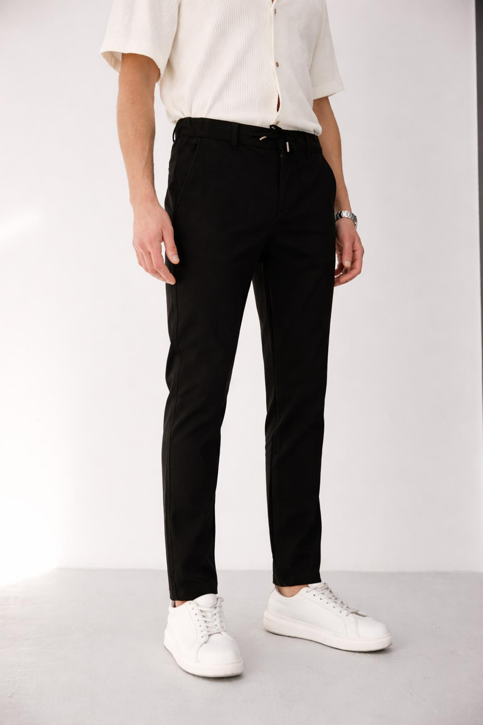 Erkek Yandan Cepli Bel Bağcıklı Fermuarlı Slim Fit Chino Siyah Pantolon