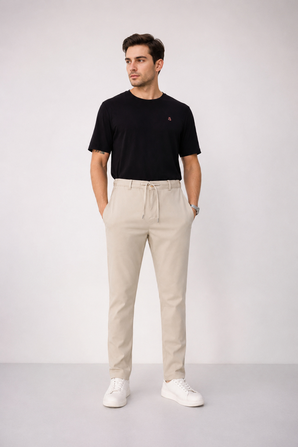 Erkek Yandan Cepli Bel Bağcıklı Fermuarlı Slim Fit Chino Bej Pantolon